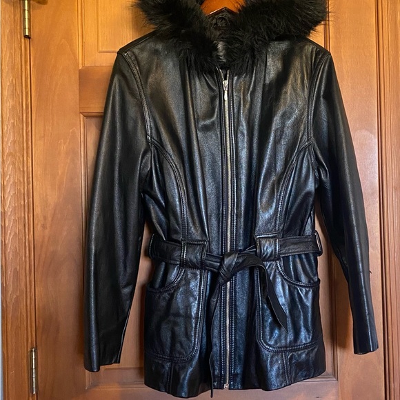 Men’s Wilsons Leather Jacket Coat Hooded Black w/ belt - Picture 8 of 8